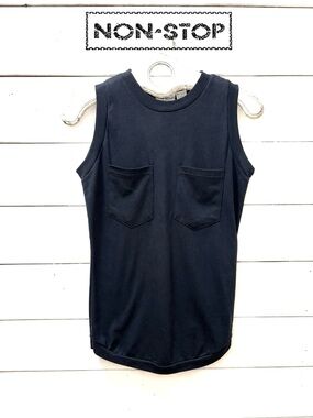 Vintage Non Stop Black Sleeveless Knit Tank Top with Patch Pockets – Size M